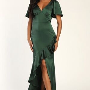 Lulus Eternal Bond Emerald Satin Ruffled Flutter Sleeve Maxi Dress Green